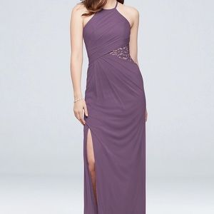 High-Neck Mesh Bridesmaid Dress with Lace Inset